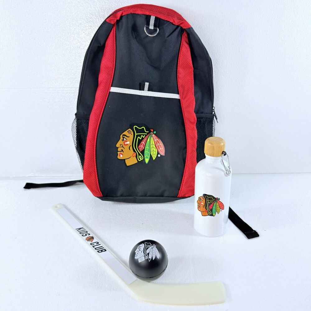 Chicago Blackhawks Backpack School Bag Mini Hockey Stick & Water Bottle Bundle